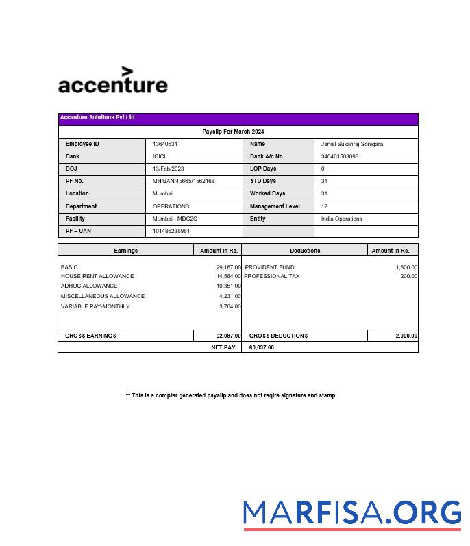 Printable Accenture Solutions payslip example